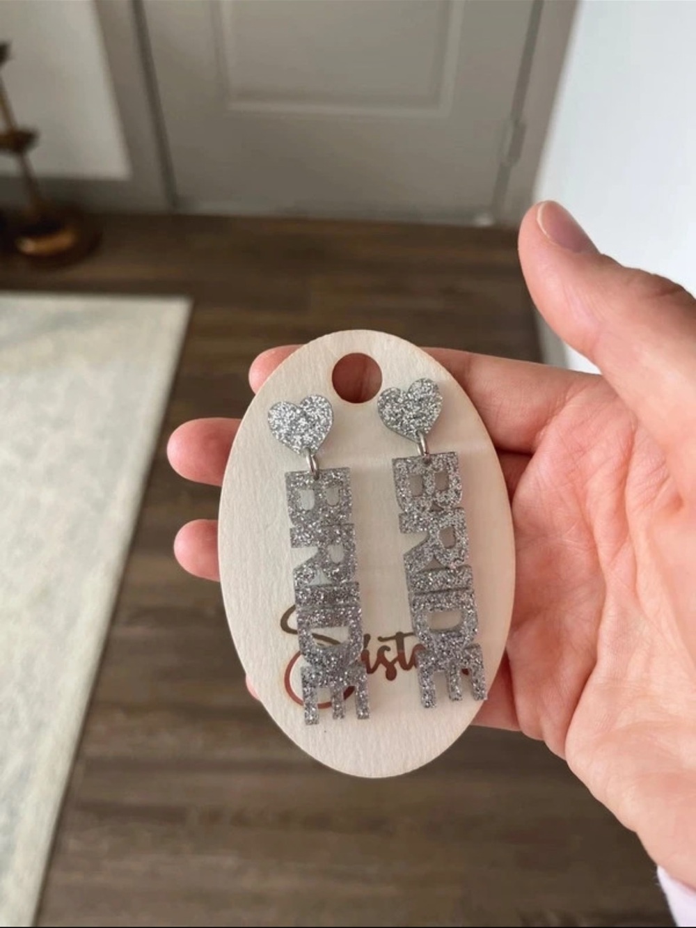 Silver Glitter 'Bride' Heart Drop Earrings - Women Jewelry